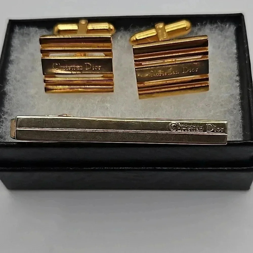 Christian Dior Bullet Back Gold and Silver Tone Cufflinks and Tie Bar